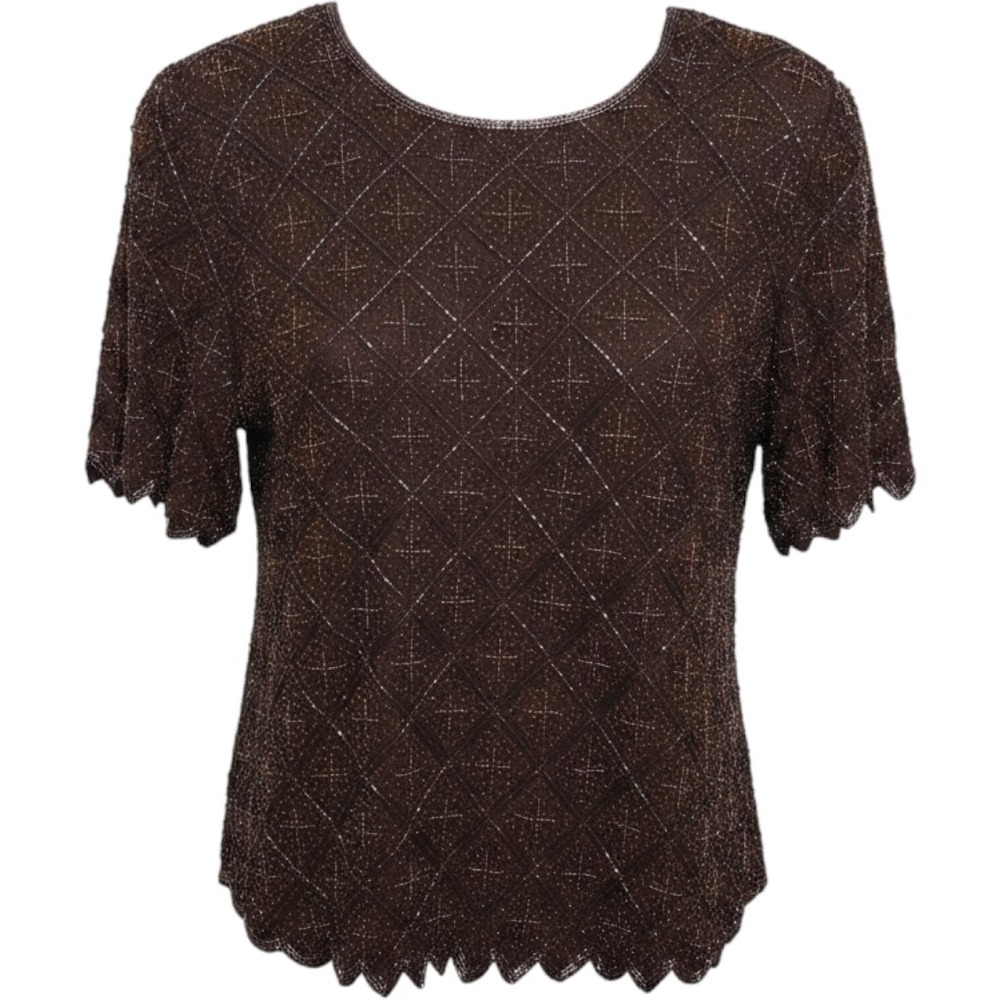 Vintage Camille Marie Beaded Silk Blouse Womens XL Brown Evening Top Mob Wife